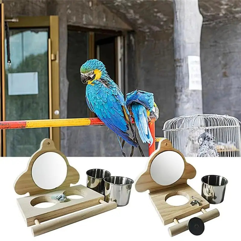 ABKW-Parrot Perch Wooden Parakeet Mirror Bird Parrot Perch With Mirror And Feeding Cups Cage Play For Lovebird Vue
