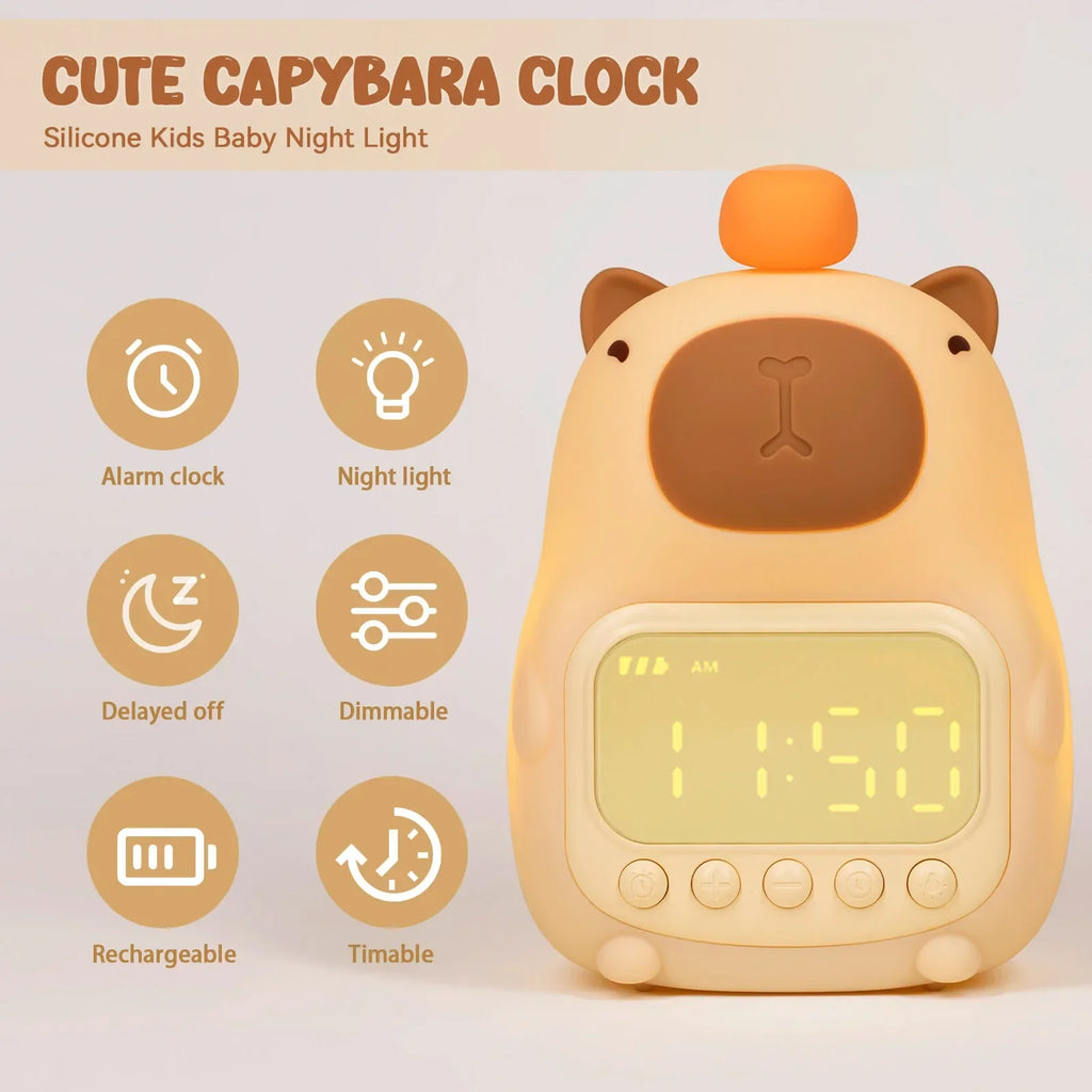 Capybara Led Night Light Silicone Rechargeable Digital Alarm Clock Dimmable Table Lamp Timing USB Charge Children Birthday Gift Vue