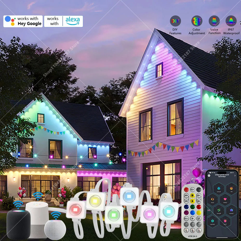 300FT Smart RGB Eave Lights App & Remote IP67 Permanent Outdoor LED String Lights Home New Year Christmas Birthday DIY Lighting Vue RGB IC EU 90M 180LEDs