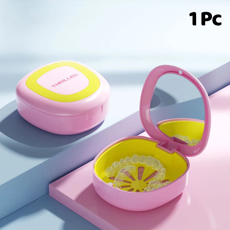 1 Pcs Braces Case With Mirror Dental Retainer Box Case Magnetic Aligner Mouth Guard Container For Teeth Travel False Denture Box Vue Pink
