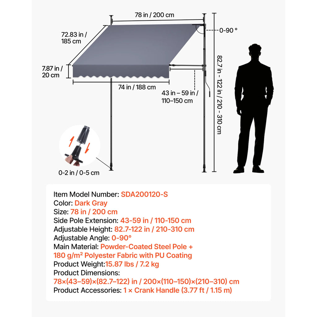 78" Manual Retractable Patio Awning – Height Adjustable Canopy Retractable Patio Awning Vue 78inch United States