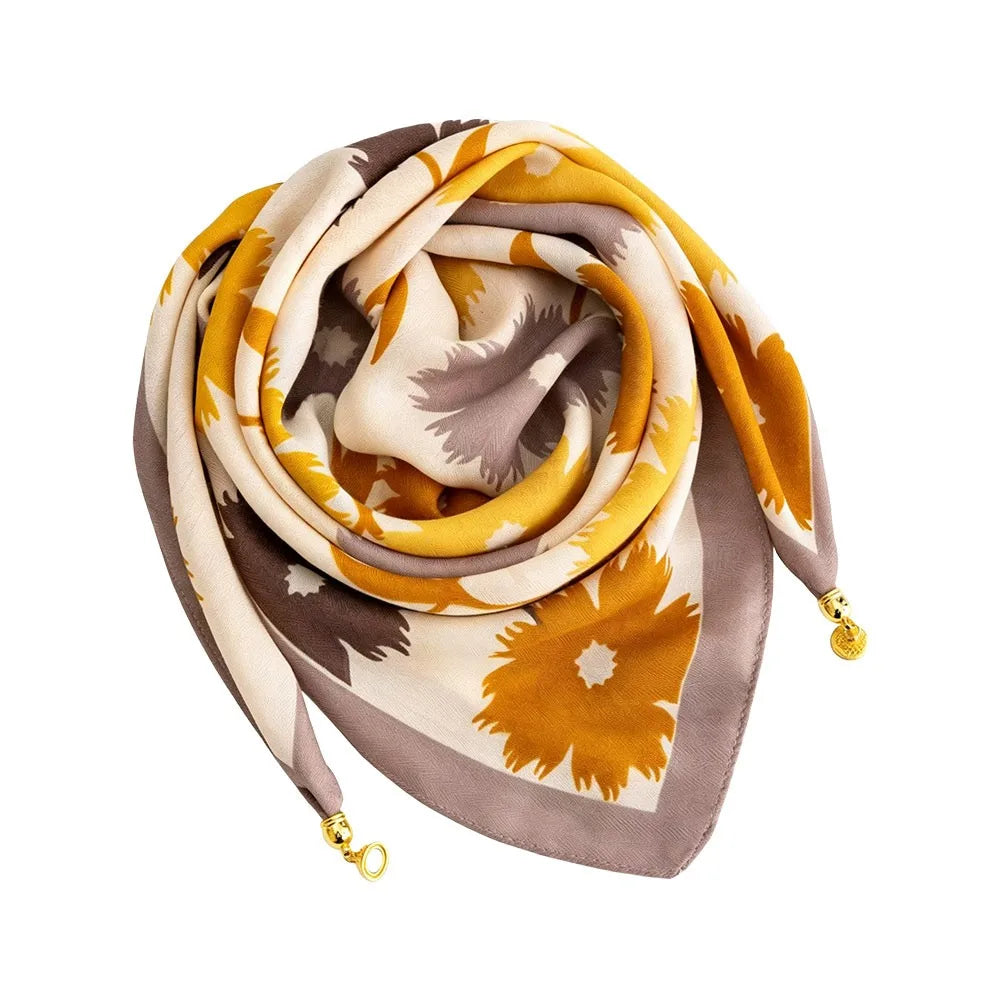 Fashion Magnetic Buckle Silk Scarf Floral Print Lightweight Neck Vue Fallen Leaf Yellow