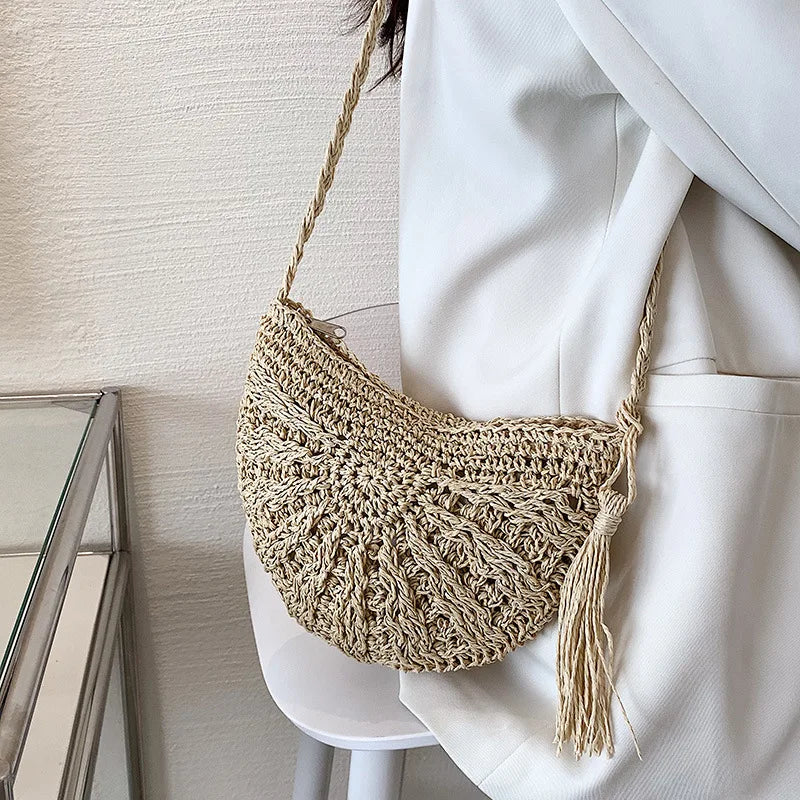 Fashion Semicircle Straw Woven Shoulder Crossbody Bag Travel Small