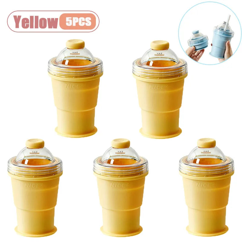 Portable Foldable Ice Ball Cup with Straw Food Grade Silicone Ice Mold for Whiskey Cocktails Reusable Summer Travel Water Bottle Vue As Shown Yellow-5PCS