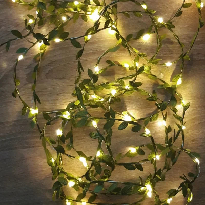 Artificial Green Leaf Led Fairy Lights Garland Christmas Tree Decoration Outdoor Room Curtain Lamp Wedding Party Garden Decor Vue