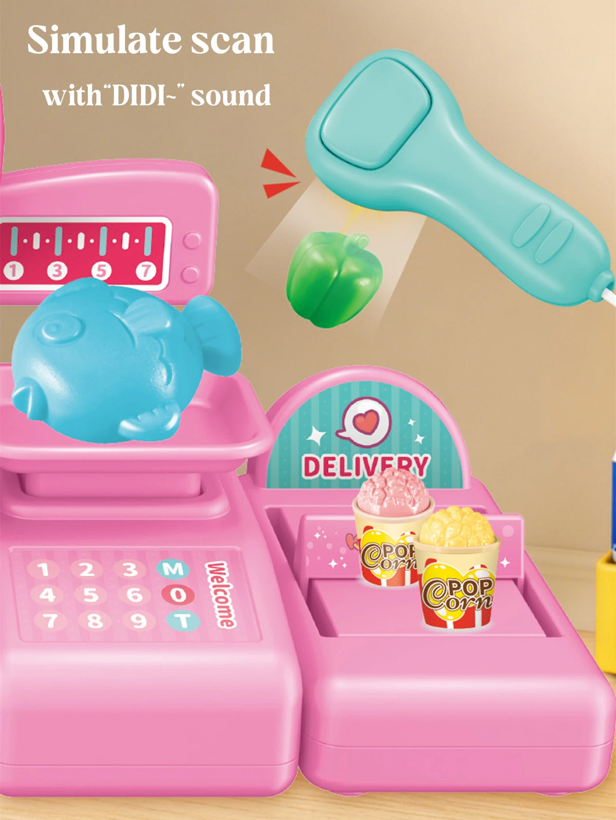 Mini Cartoon Cash Register with Lights:Supermarket Simulation with Scanning, Calculate,Cart—Interactive Parent-Child Toy Set Vue