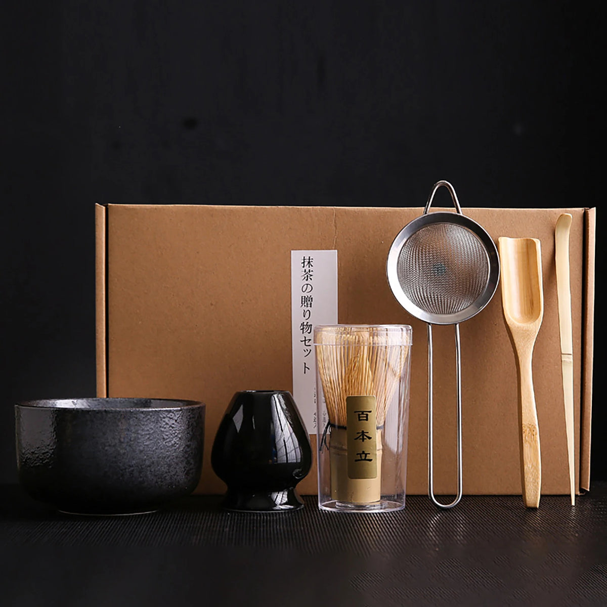 6Pcs/set Tea Whisk Brush Set Bamboo Matcha Whisk Scoop and Holder Matcha Bowl with Strainer Japanese Matcha Ceremony Accessory Vue Black 6Pcs