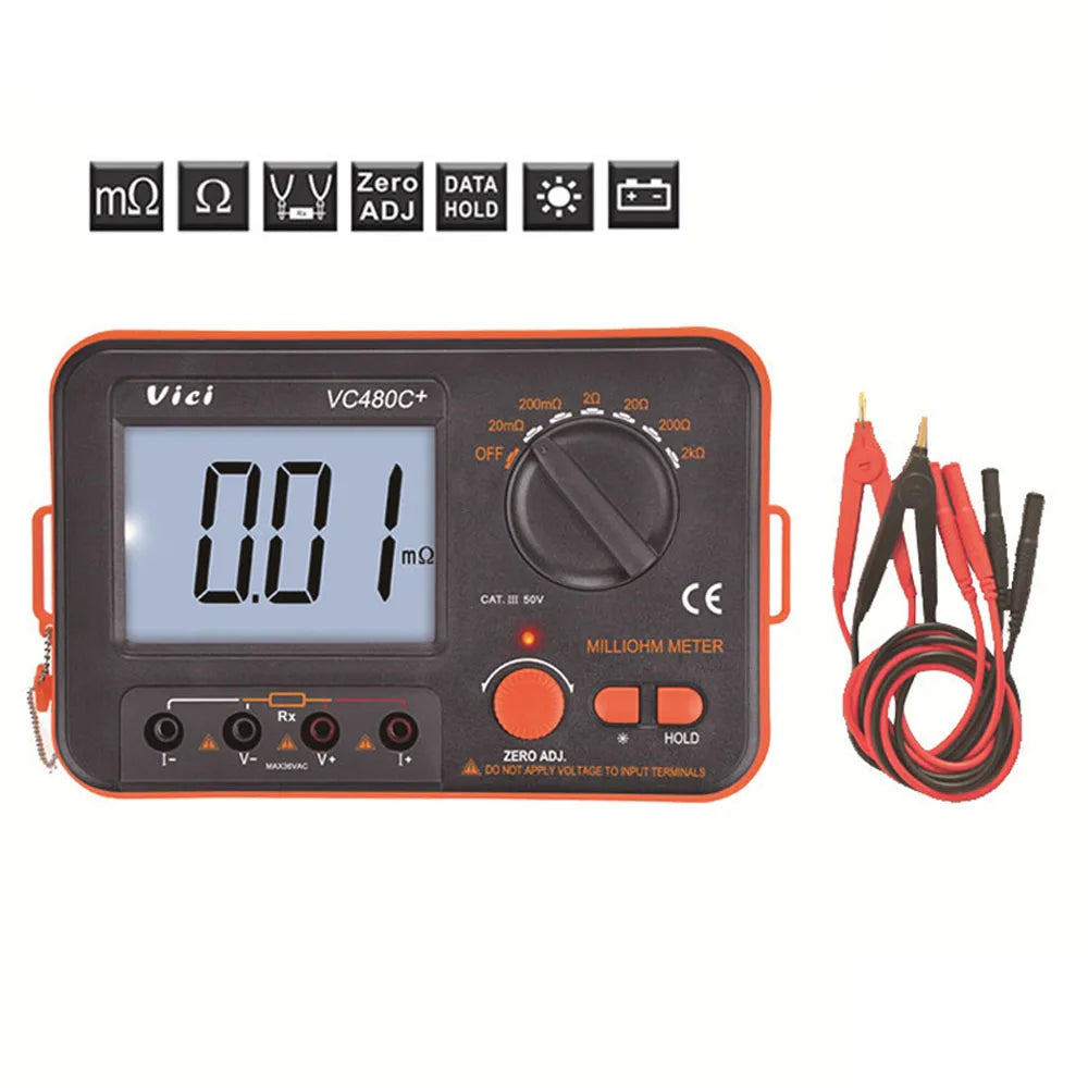 Digital Milli-ohm Meter VC480C+ LCD Backlit 4 Wire Low Resistance Multimeter 6 Range Accuracy Meter 0.01mΩ-2kΩ with Test Clip Vue