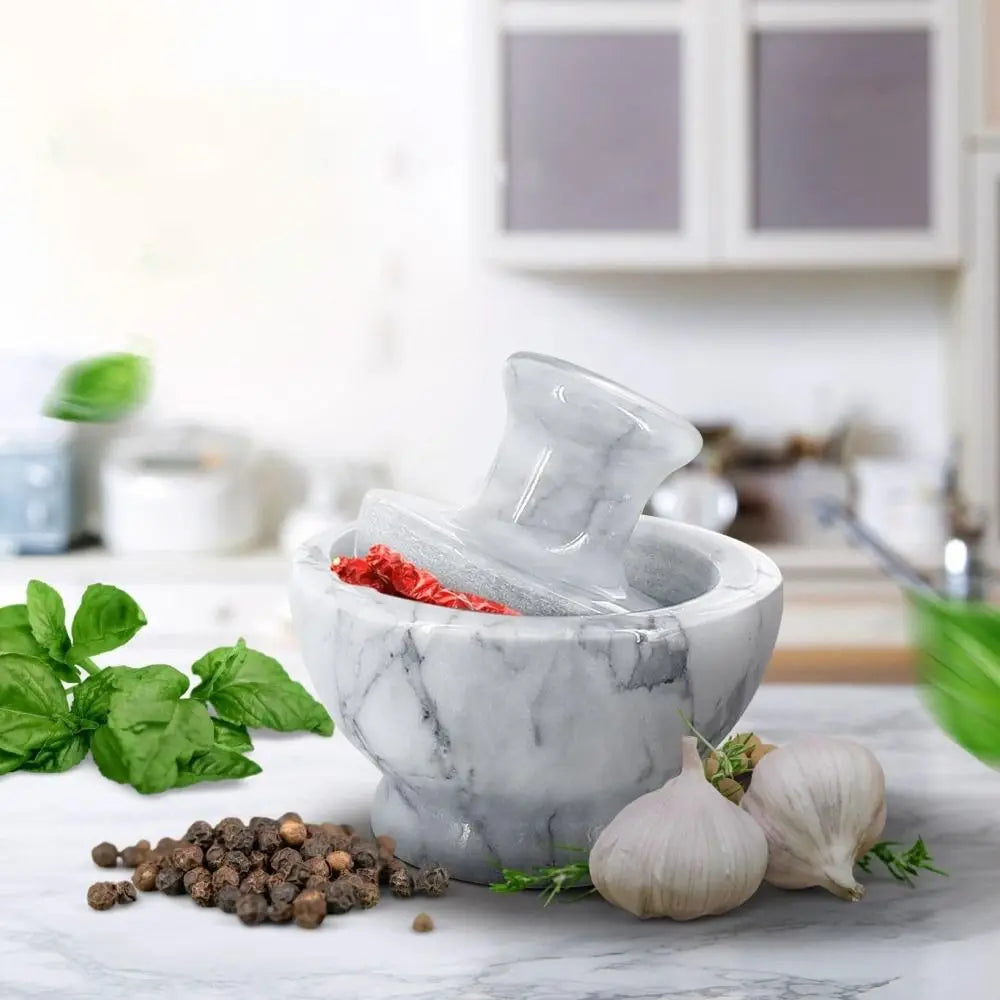 Garlic Press Manual Marble Garlic Mortar Retro Mushroom Pestle Herbs Grind Bowl Mini Household Spice Grinder Kitchen Utensil Vue