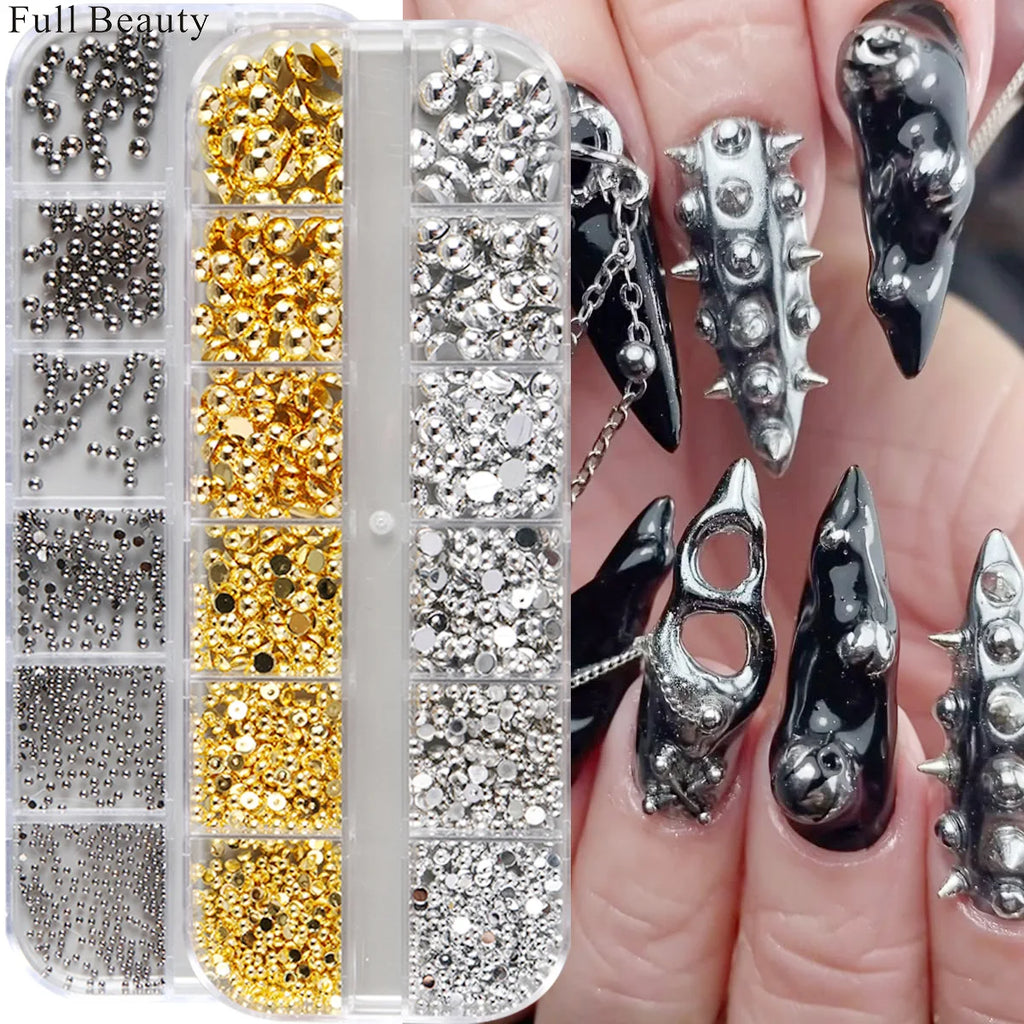 12Grid Box Nail Art Rhinestones Decoration 3D Caviar Beads Gold Silver Metal Nail Charms Jewelry Mix size Steel Nail Decor Vue