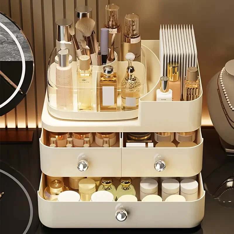 3 Tier Large Capacity Makeup Organizer with Drawer and Rolating Makeup Brushes Holer Desktop Cosmetic Tools Lipstick Storage Box Vue