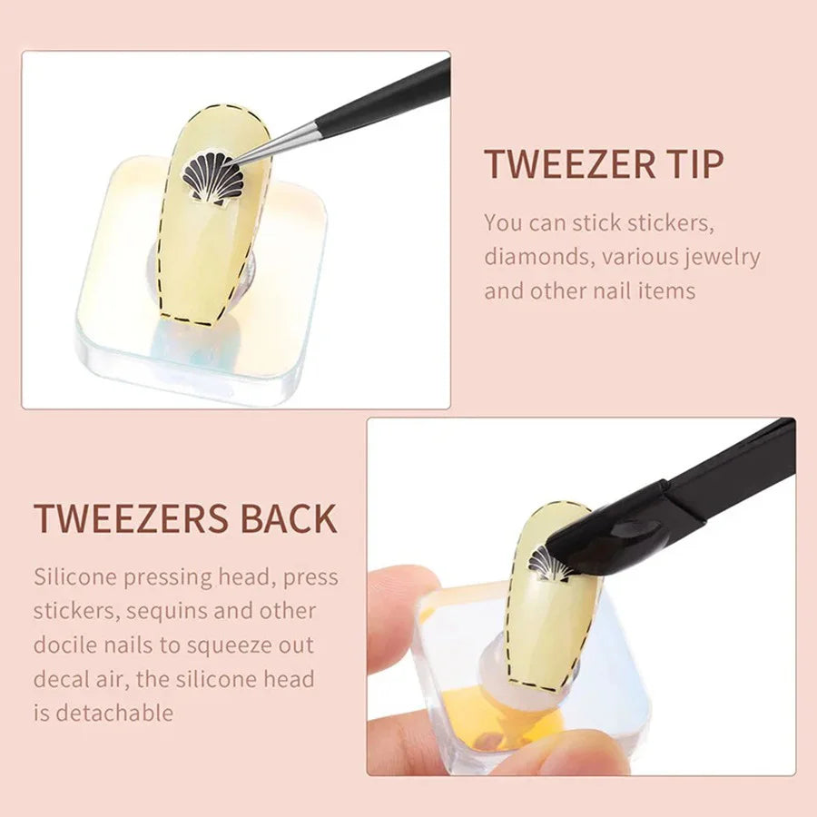 Black/Pink Double Headed Tweezers Stainless Steel Slant Tip Makeup Tool Silicone Press Head For Nail Stickers Eyelashes Tweezers Vue