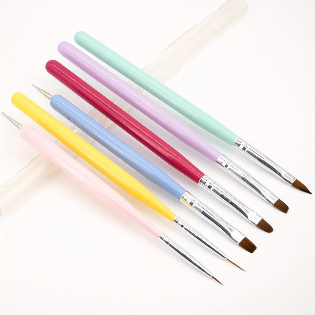 Gel Polish Nail Art Brushes Set - 6 Pcs, Gray, Wood Alloy Handle, Wood Head, Dotting Pen, Salon & DIY Nail Art Vue