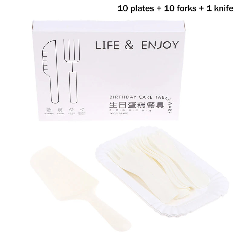 5/10/20/30 set White Birthday Cake Knife Fork Set Plastic Disposable Dinner Plate Set Baking Cake Tableware〔CC11〕 Vue 10 sets