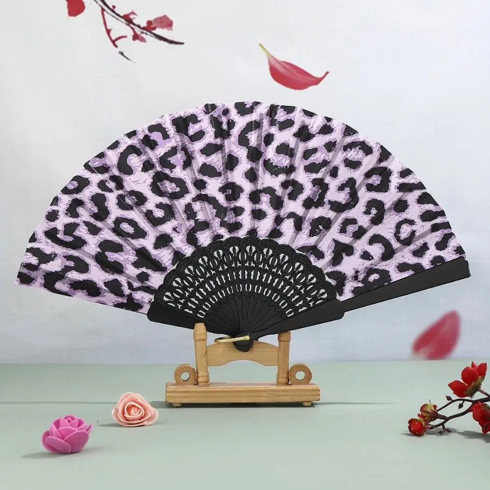 Fashion PP Folding Fan Leopard Print Black Pole Hand Fold Handheld