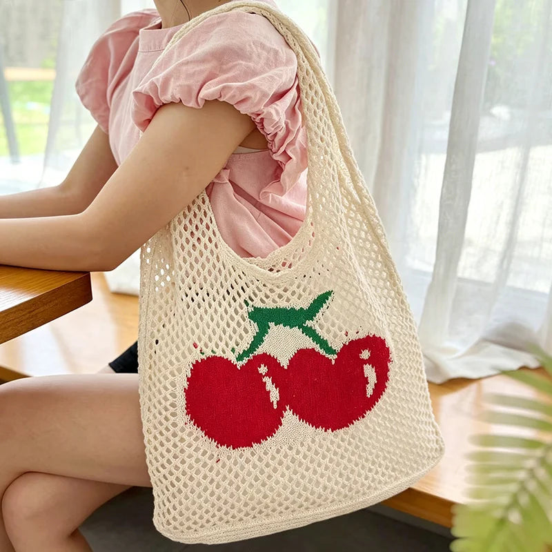 Summer Hollow Out Shoulder Bag Cherry Desing Knit Hand Woven