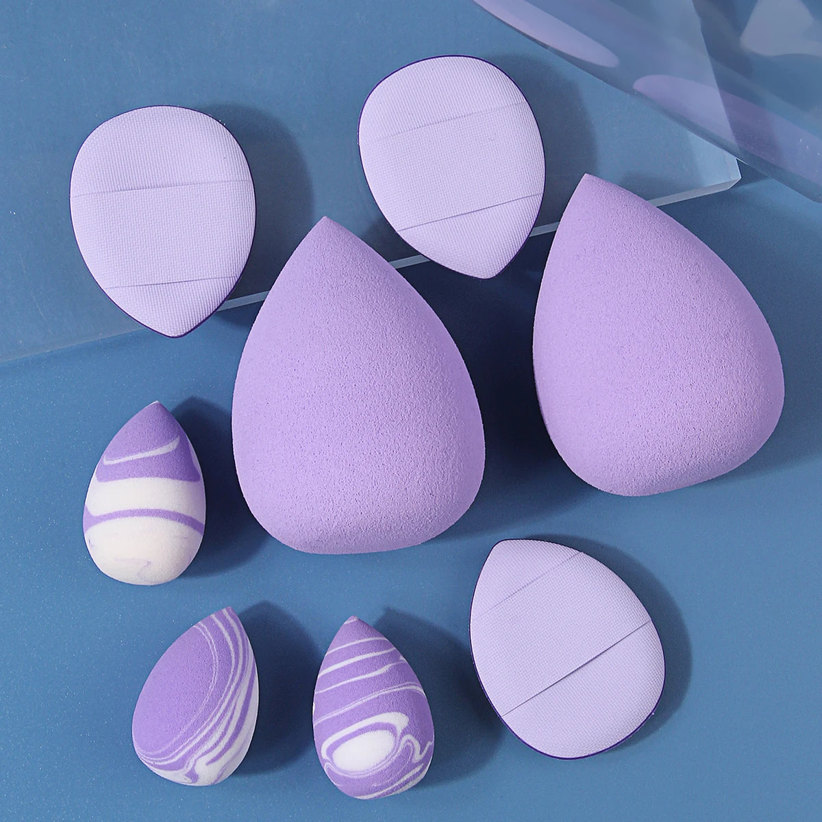 8Pcs Purple Makeup Sponge & Powder Puff Set Large Mini Teardrop Beauty Puff Triangle Makeup Puffs With Clear Storage Jar Foundat Vue