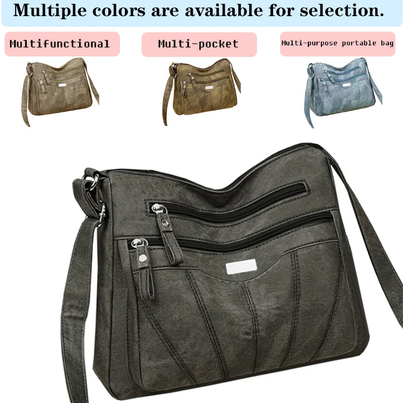 Convenient Multi-pocket Denim Shoulder Bag Smooth Metal Zippers
