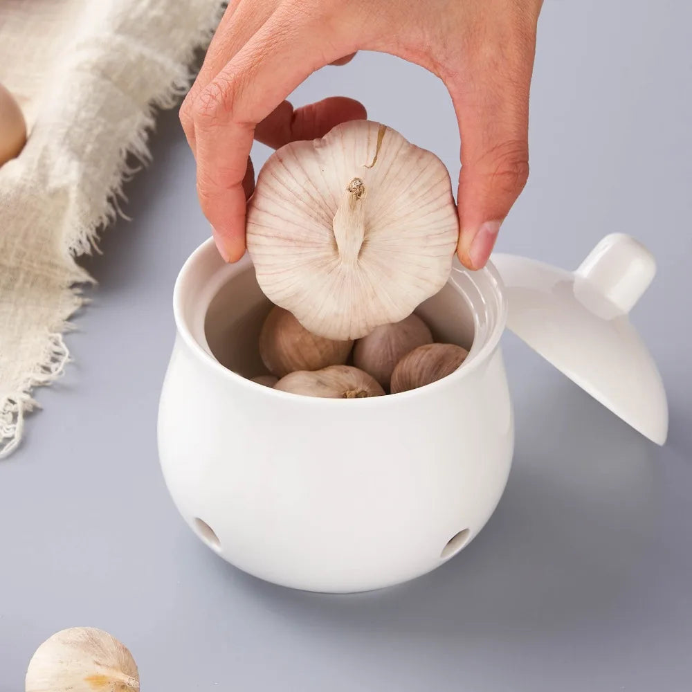 Practical Ceramic Ventilated Garlic Keeper Breathable Professional Garlic Storage Jar with Lid Mini Garlic Storage Tank Ginger Vue