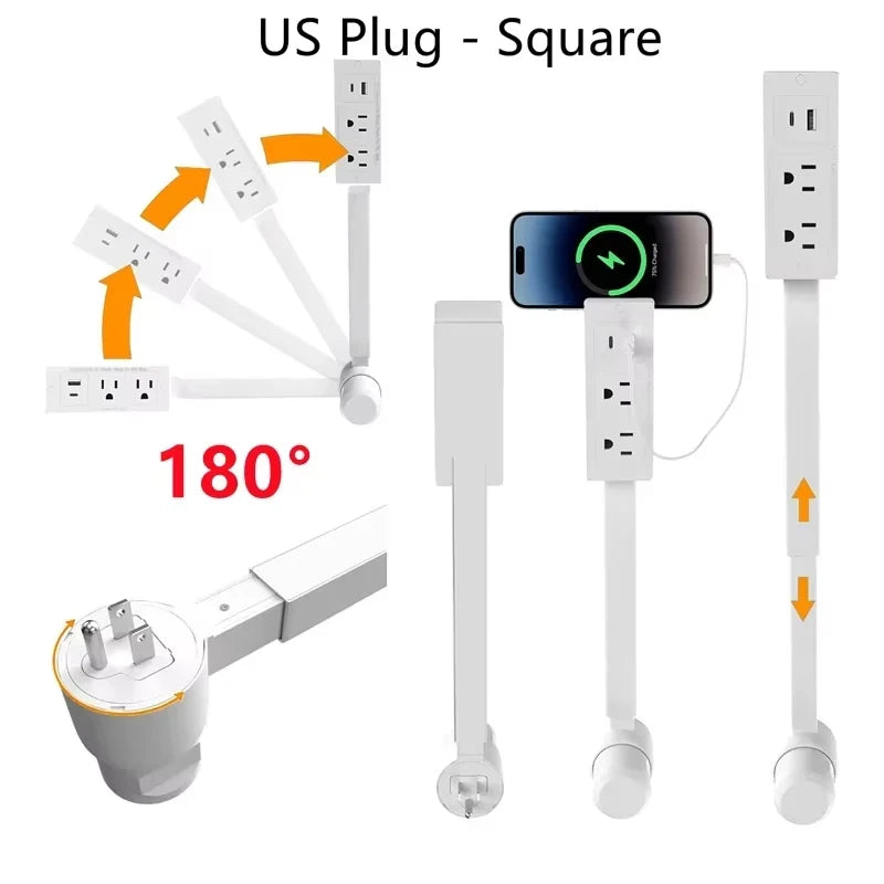 Power Outlet Extender Power Socket Expander 2xAC Sockets 1xUSB A 1xUSB C Plug and Play 180 Degree Rotatable Versatile for Sofa Vue US-Square