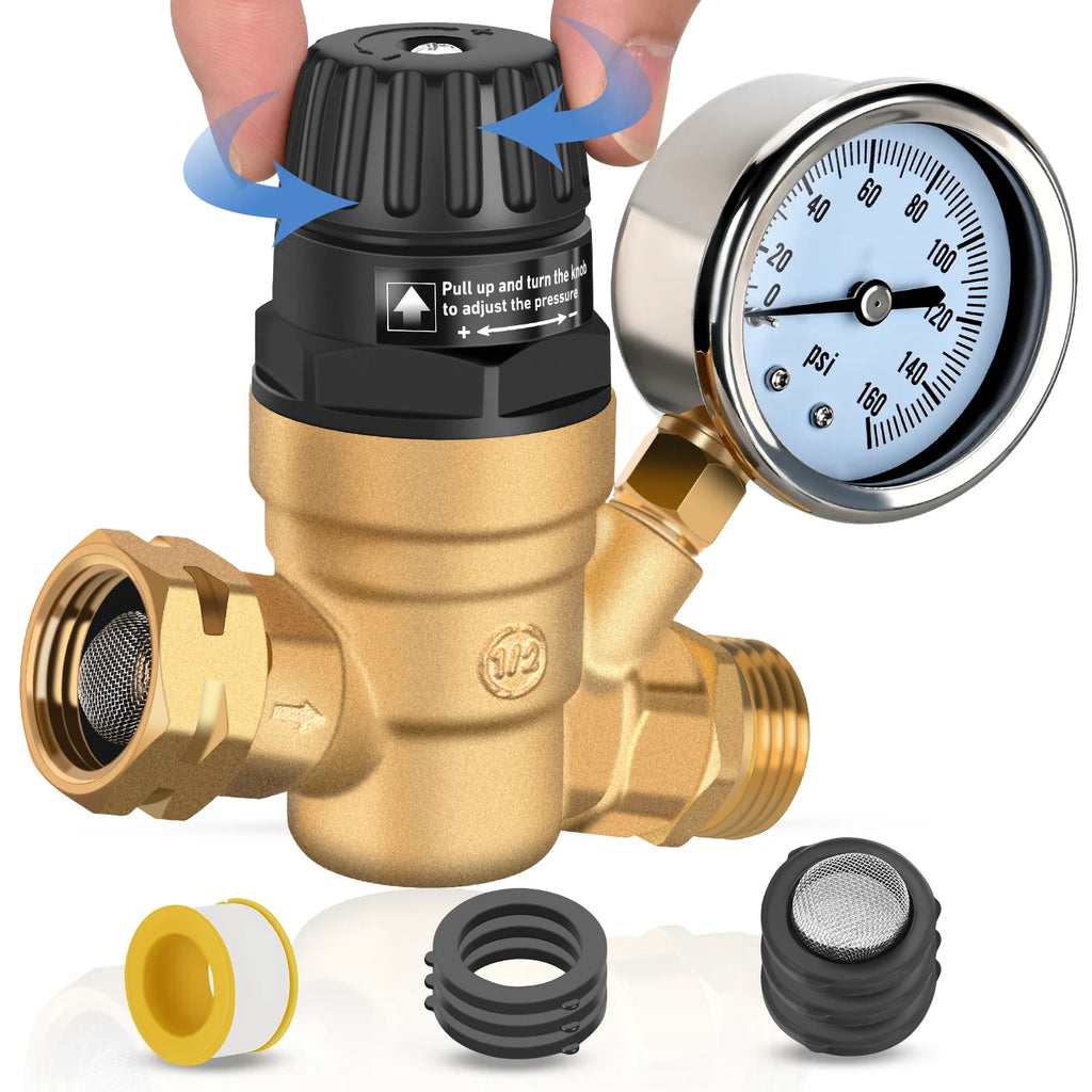 Nilight RV Water Pressure Regulator for RV Camper, Adjustable Handle Water Pressure Regulator Valve with Gauge and Inlet Screen Filter, Brass Lead-free Reducer Valve Filter for Camper Travel Trailer Vue