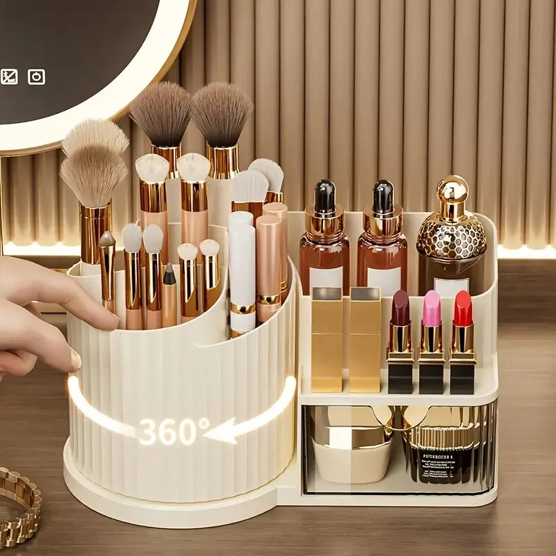 360° Rotating Makeup Organizer with Brush Holder & Drawer Desktop Large Capacity Skincare Cosmetic Tools Lipstick Display Cases Vue