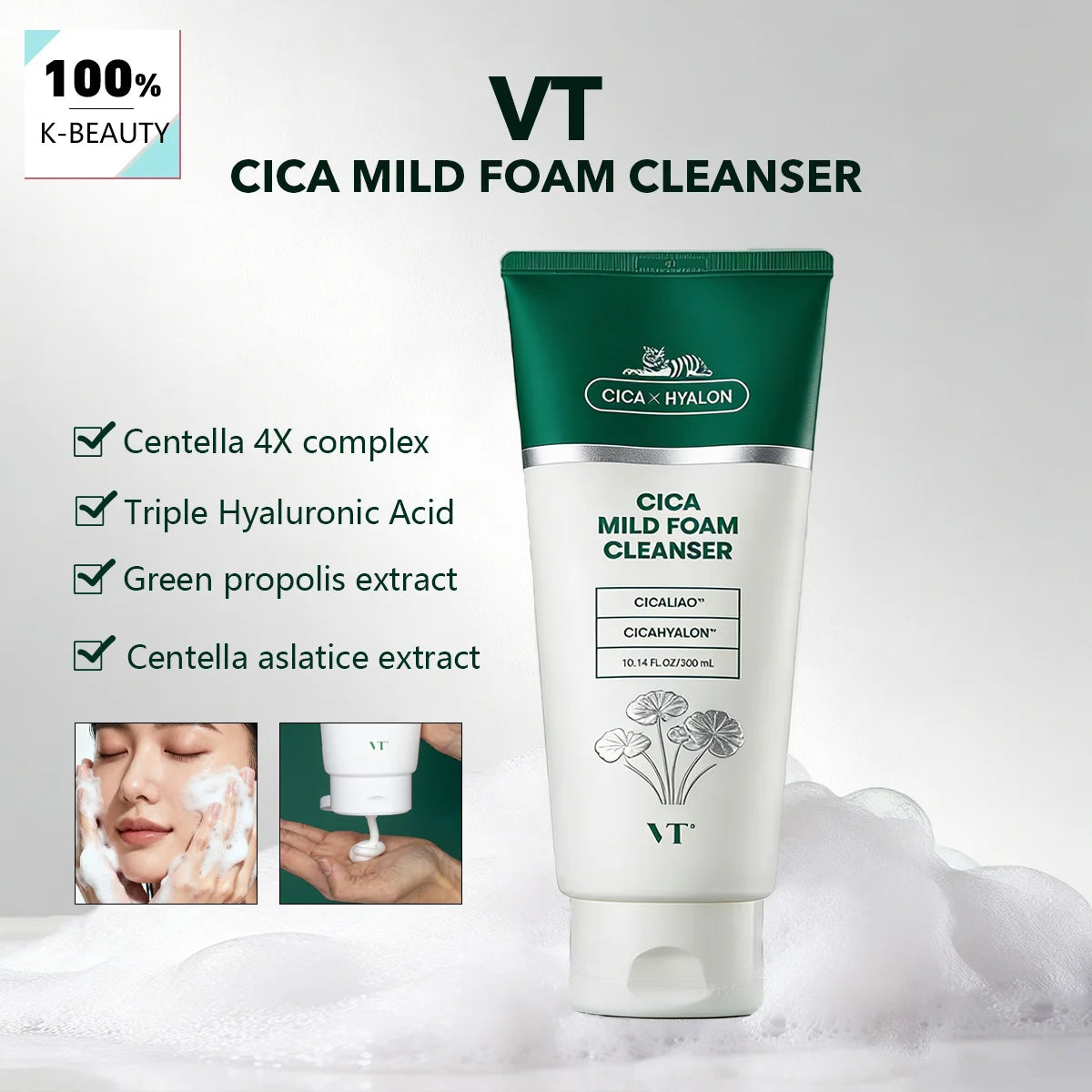 VT CICA MILD FOAM CLEANSER,Moisturizing Foam Wash,Pore-Refining Facial Wash,Skin-Friendly Cleanser,Korean Skincare,Korean Makeup Vue