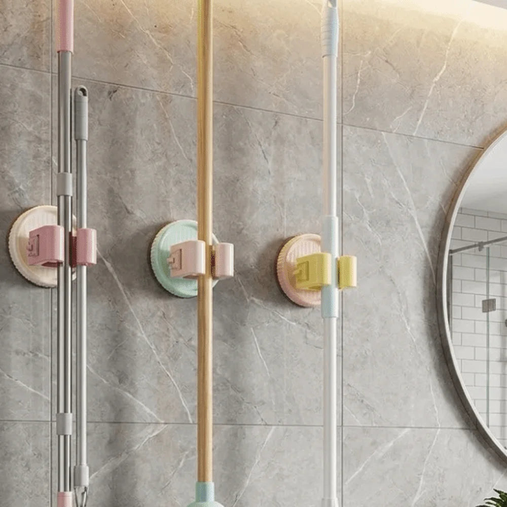 3PCS Plastic Suction Cup Mop Holder Space Saving Wall Mounted Mop Storage Rack Waterproof Broom Storage Brackets Living Room Vue