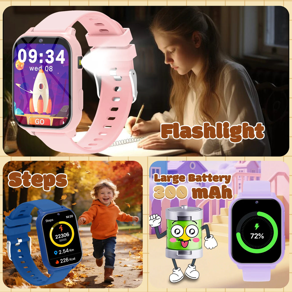 2026 Kids Game Smartwatch Flashlight Alarm Waterproof HD Touch Screen Camera Children Smart Watch For Boys Girls Birthday Gift Vue