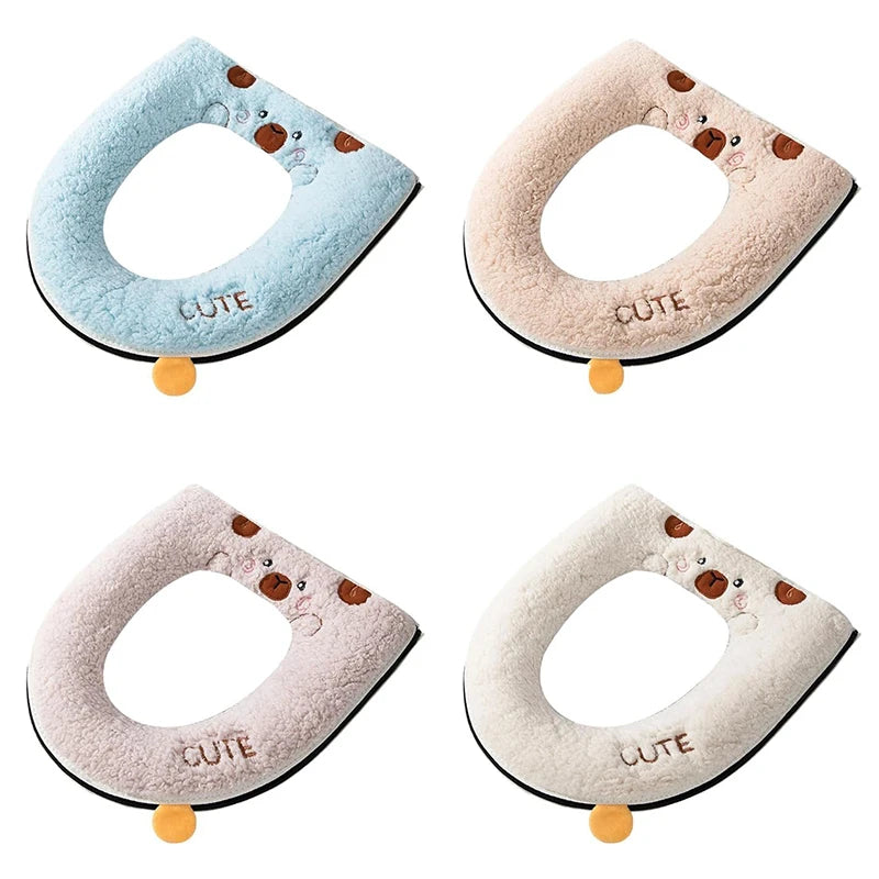 Winter Warm Toilet Seat Cover With Cartoon Bear Pattern Thicken Cushion Bathroom Essential Kids Friendly Cartoon Cover Vue