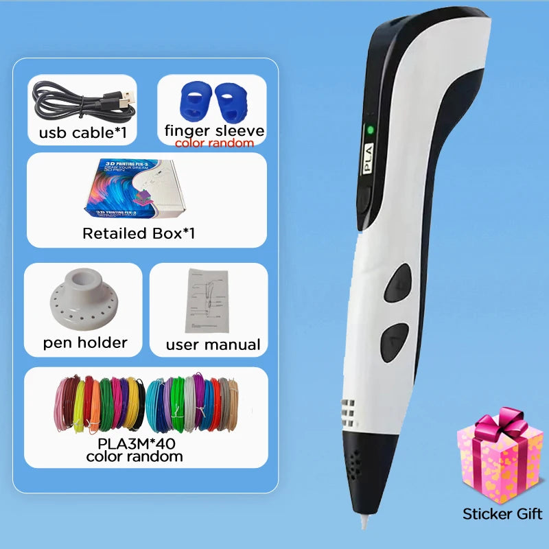 3D Pen Kids PLA Filaments 3D Priting Pen Children DIY Drawing Pens Type C Port Boys Girls Christmas Birthday Gifts Vue with 120M PLA 2 EU version