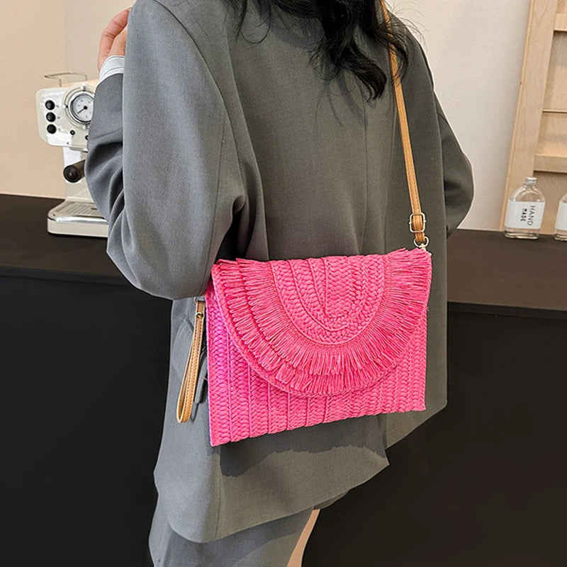 Straw Handmade Weave Clutch Bag Solid Pouch Purse Female Summer Flap