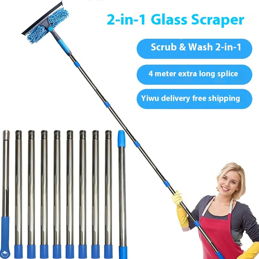 2-in-1 Glass Cleaning Artifact 4m Long Reach Glass Wiper for Wet and Dry Use Easy to Clean Glass Double-sided Scraper Window Vue