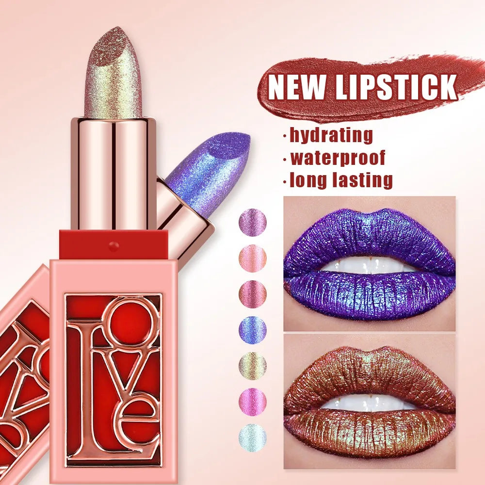 7Colors Glitter Lipstick Hydrating Red Pink Sparkling Lip Color Highly Pigmented Lip Tints Metallic Valentine's Day Gifts Makeup Vue