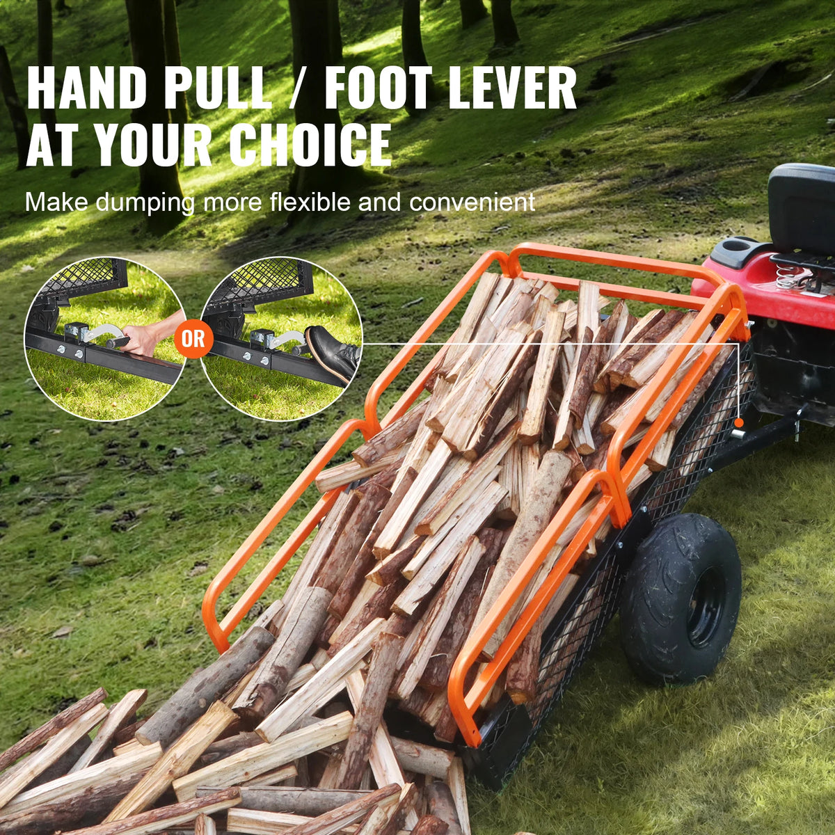 Heavy Duty ATV Tow Behind Dump Cart – 1500 lb, 15 cu.ft Steel Tow Behind Dump Cart Vue