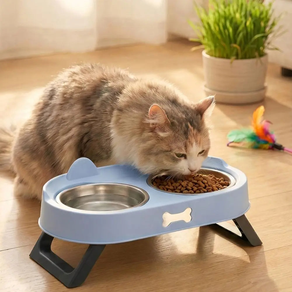 Stainless Steel Elevated Cat Bowl Cat Shaped Neck Protection Raised Pet Feeder Double Bowl Anti-Vomiting Dog Food Container Vue