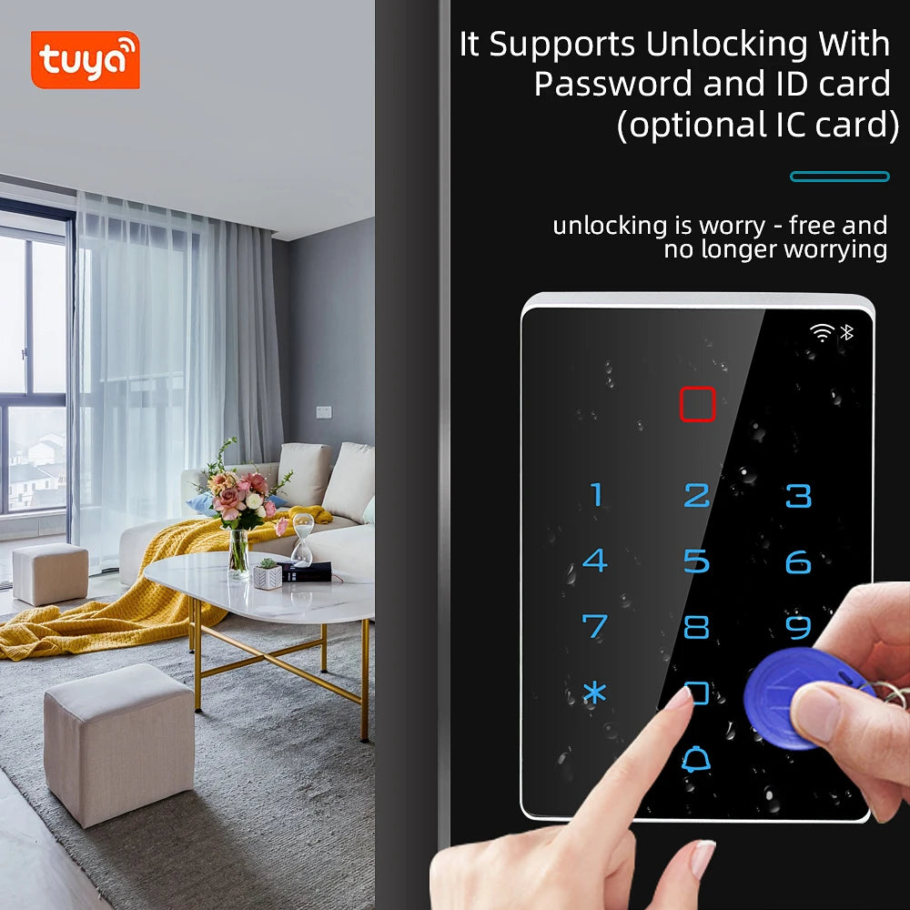 Standalone Access Control Keypad and RFID Proximity Card Reader Tuya App Wifi Waterproof Cover EM MF Optional Wiegand 26&34 Vue