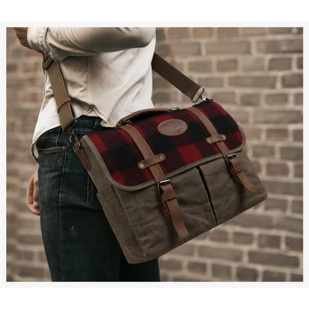 Vintage Oil Wax Canvas Men's Shoulder Boys Messenger Bag Japanese Mailman Bag Men's Commuter British Style First Layer Cowhide Vue