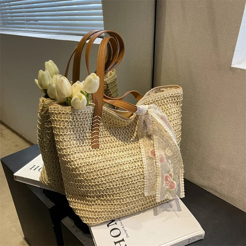 Square Bucket Straw Beach Bag Handmade Woven Shoulder Raffia Rattan