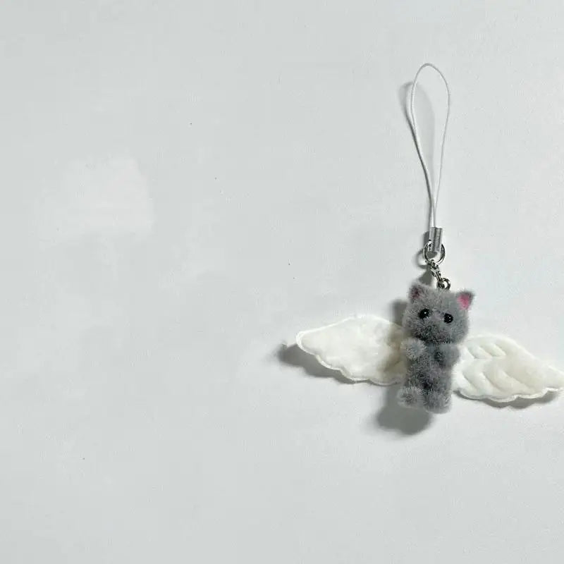 Cute Flocked Angel Wings Cat Keychain Kawaii Heart Phone Chain Anti-Lost Lanyard Bag Decor Gift Vue A6