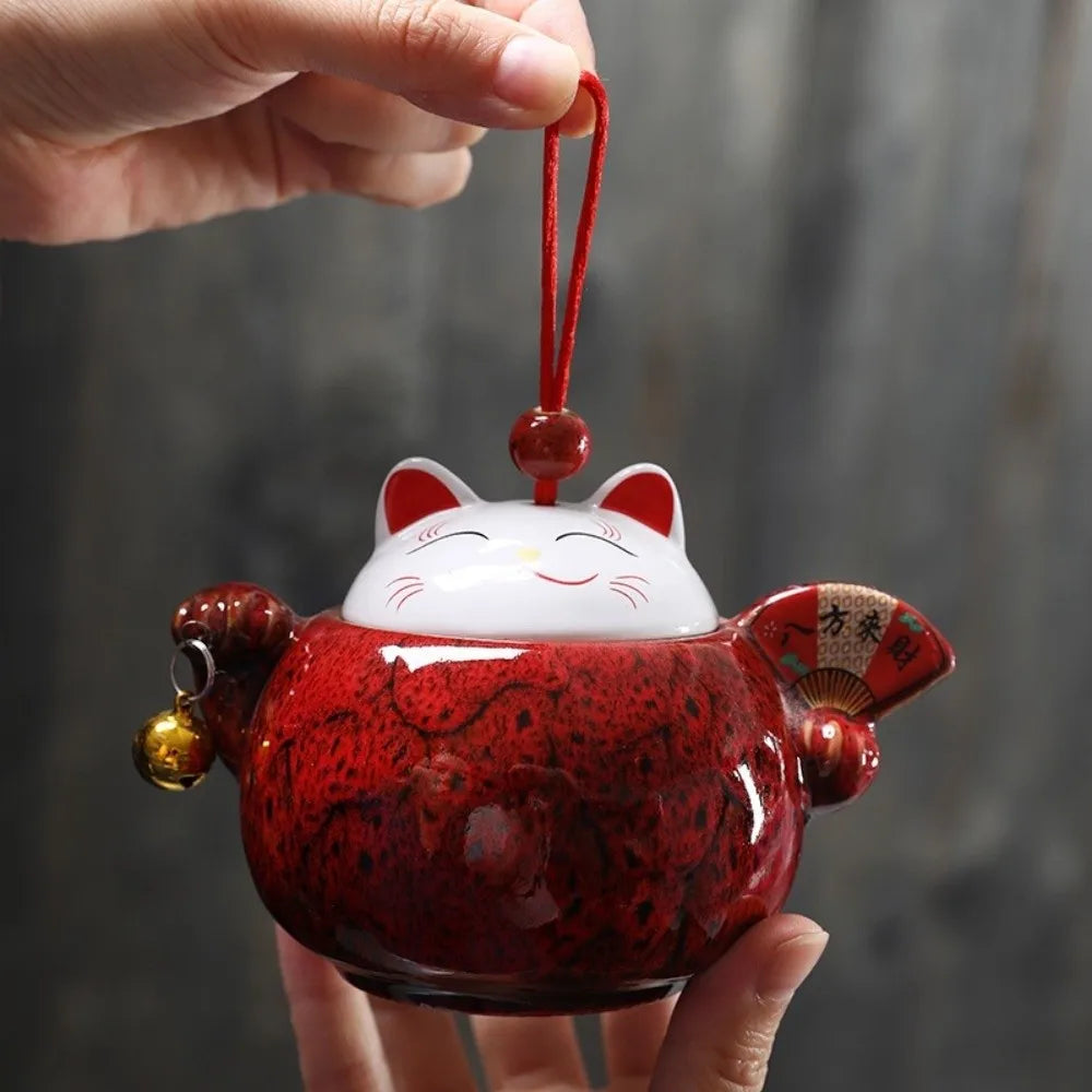Lucky Cat Ceramic Tea Canister Cartoon Moisture Resistant Tea Sealed Jar Blessing Tea Storage Box Desktop Decoration Vue