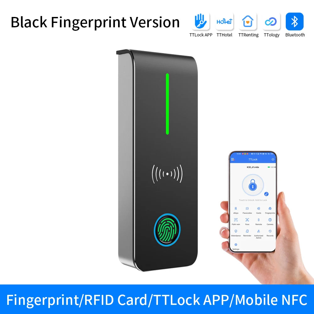 TTLock Waterproof Access Control with Fingerprint RFID Card APP Bluetooth Remote Door Opening Record Query Normally Open Mode Vue AN90F-TT-black