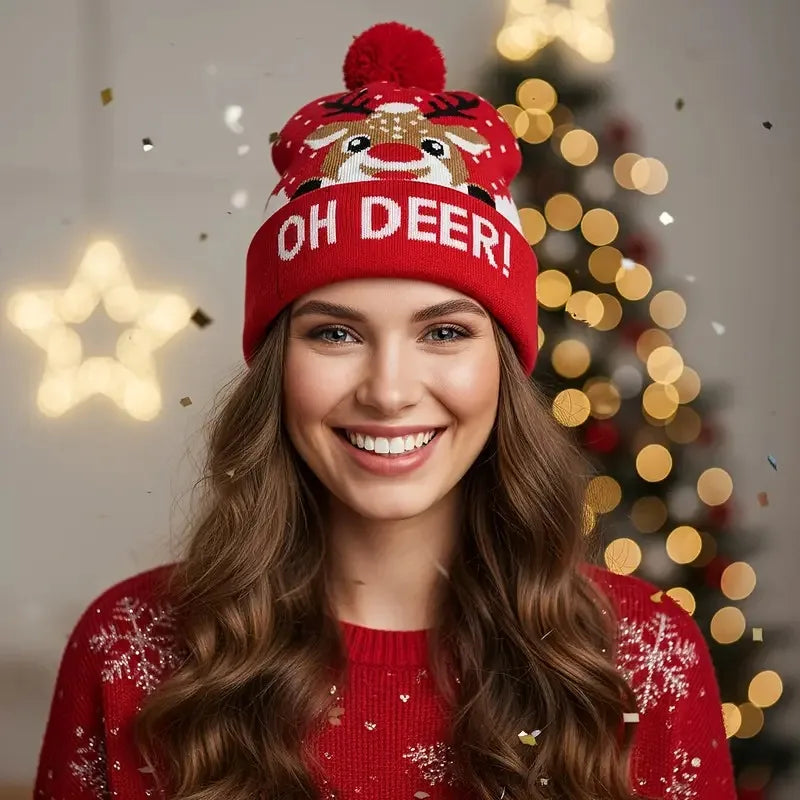 1-10PCS Christmas Novelty LED Knit Beanie with Cartoon Animal Pattern Warm Winter Hat Perfect for Party Holiday Gift Vue