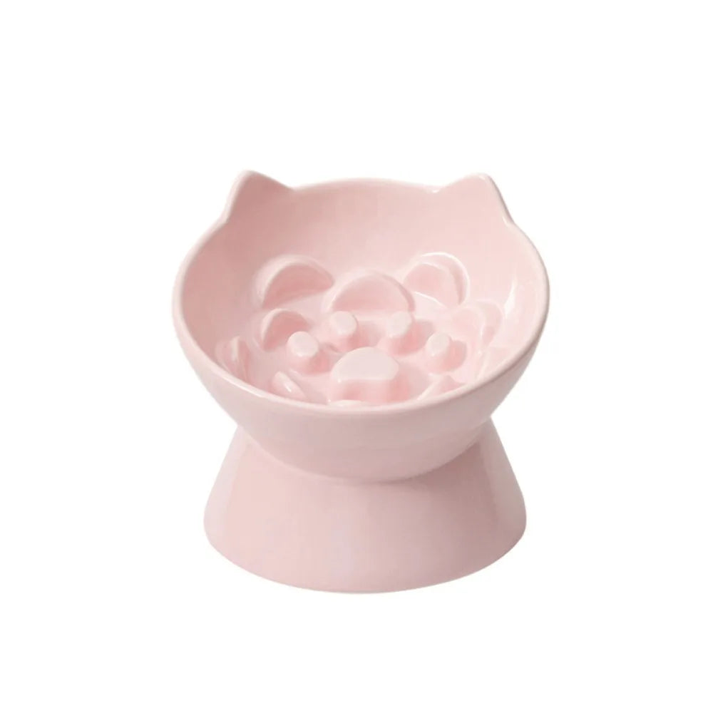 Ceramic Cat Slow Food Bowl Cute Slanted Mouth Dog Feeding Basin Creative Large Capacity Pet High Foot Bowl Kitten Puppy Vue Pink