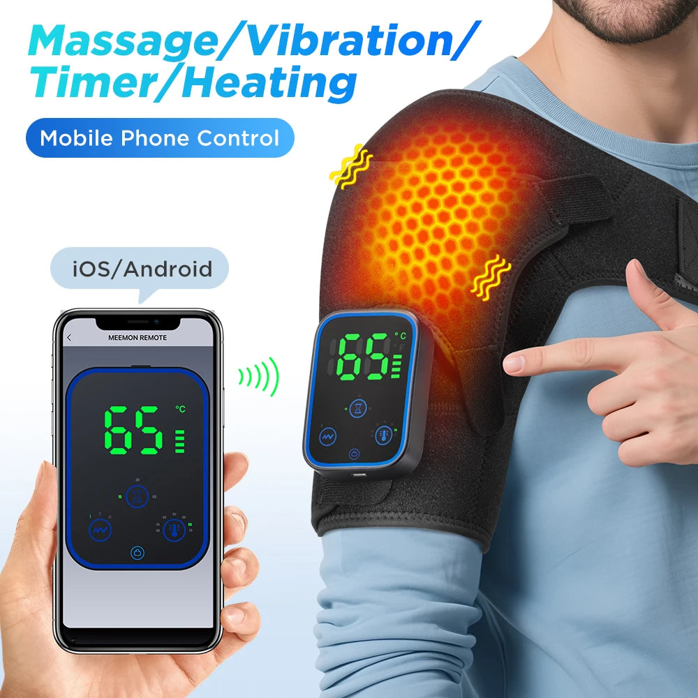 Graphene Electric Heating Shoulder Massager with APP Control 7 Heat Setting 3 Vibration Mode Washable Neoprene Shoulder Wrap Wireless Heating Pad for Neck Shoulder Pain Relief USB Rechargeable 5000mAh Vue