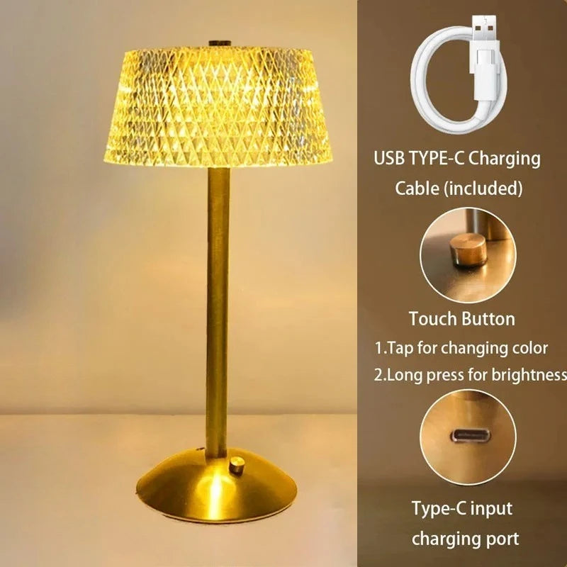 Retro Diamond Glass Table Lamp USB Rechargeable LED Bar Desk Lamp Eye Protection Night Light Bedroom Hotel Office Wedding Decor Vue