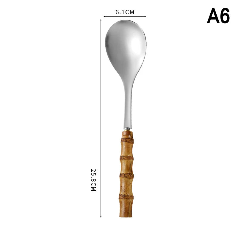 Long Handle Serving Spoon Fork Stainless Steel Gold Silver Bamboo Vue A6