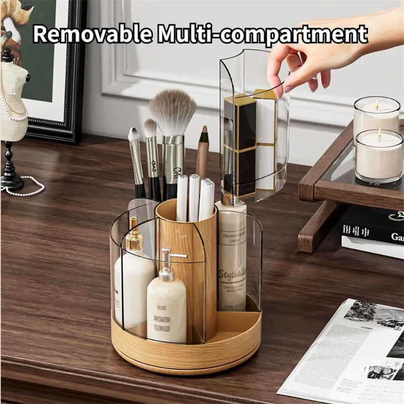Makeup Brush Holder 360° Rotating 6 Slot Multi-Compartment Storage Acrylic Large Capacity Makeup Brushes Case With Wooden Base Vue