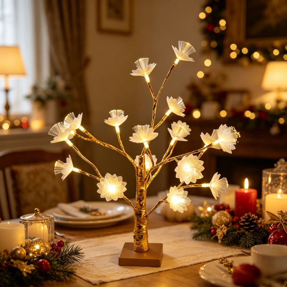 Double Layer Fiber Optic Lotus Flower Golden Birch Tree LED Table Lamp, Floral Desktop Light for Bedroom Table Home Decor Vue