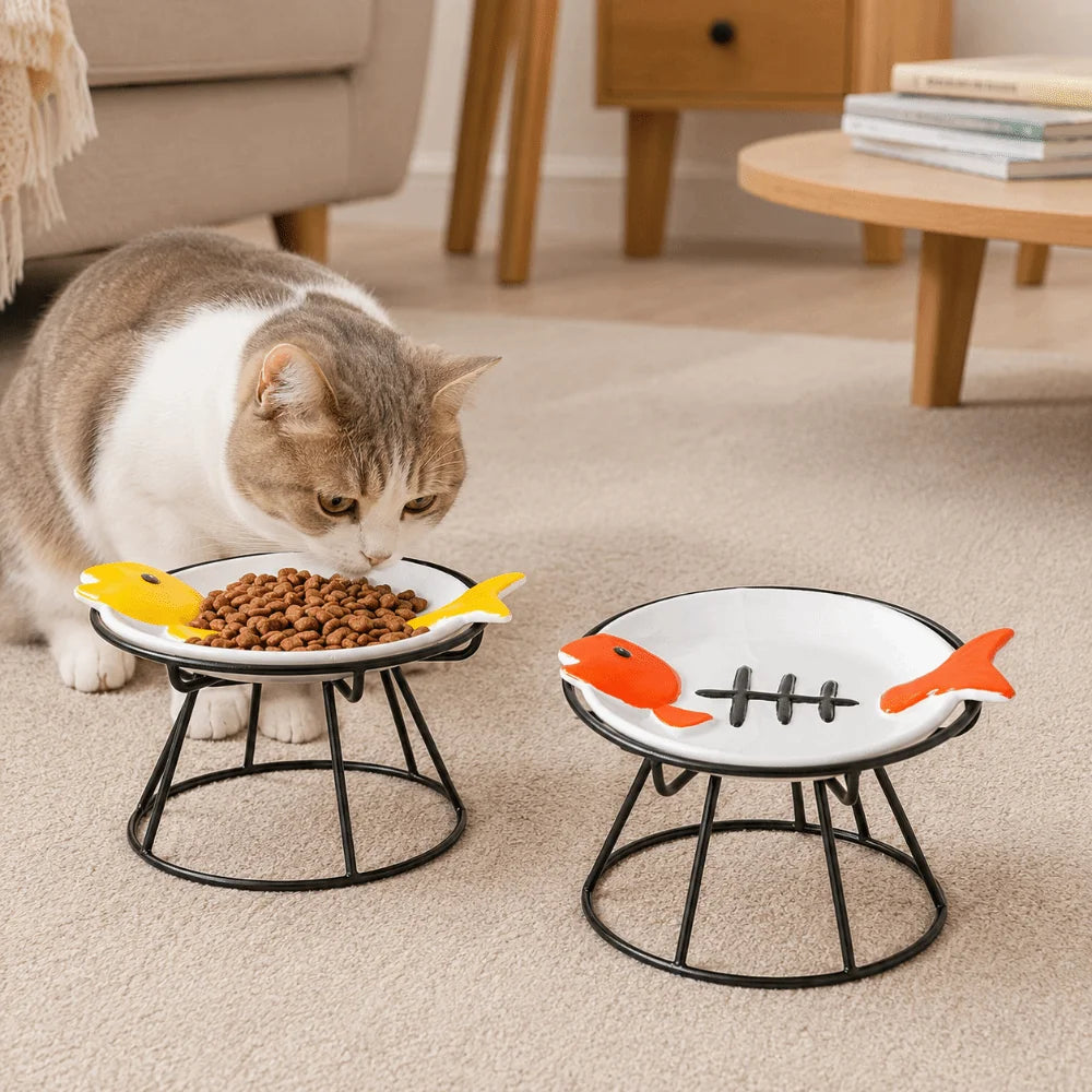 Cat Basin Ceramic Elevated Cat Bowl Fish Bones Anti-Vomiting Pet Food Water Bowl Anti Slip Cute Raised Pet Feeder Wet Dry Food Vue